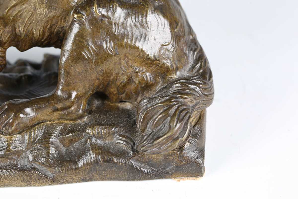 A late 19th century Continental green patinated cast bronze model of a barking dog, raised on a - Image 5 of 16