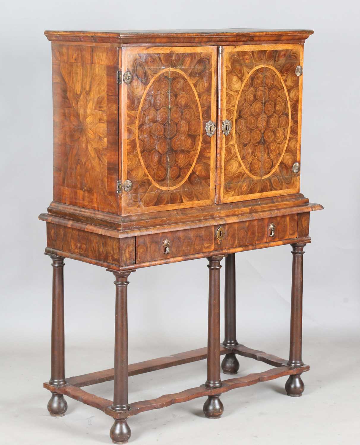 A William and Mary laburnum oyster veneered collector's cabinet-on-stand, the two doors with - Image 2 of 20