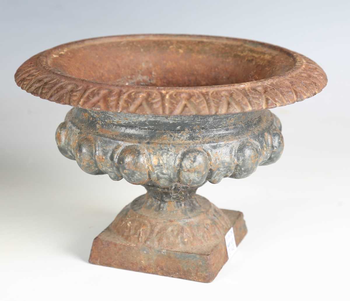 A late Victorian painted cast iron garden urn of half-reeded campana form, height 32cm, together - Image 8 of 10
