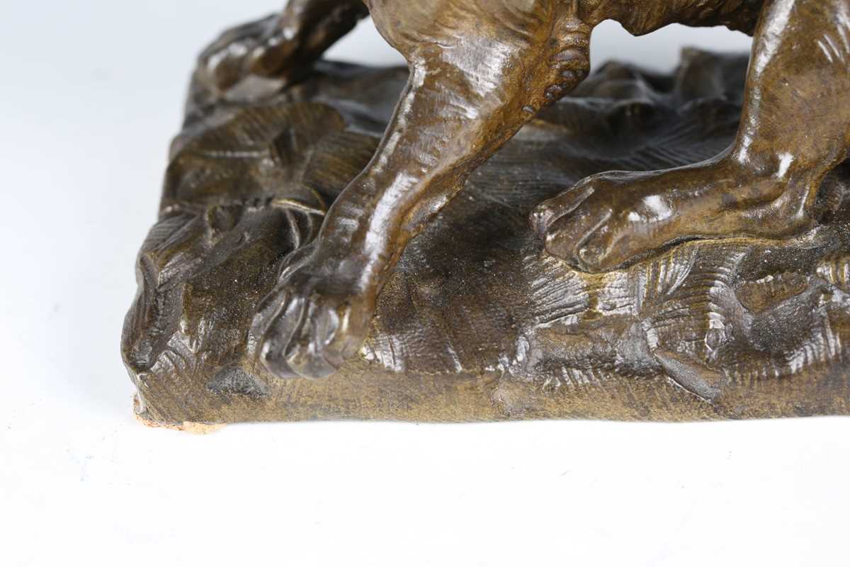 A late 19th century Continental green patinated cast bronze model of a barking dog, raised on a - Image 6 of 16