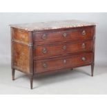 A late 18th century French Louis XVI period walnut three-drawer commode with a rouge marble top