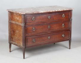 A late 18th century French Louis XVI period walnut three-drawer commode with a rouge marble top