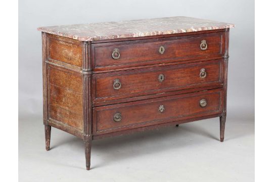 A late 18th century French Louis XVI period walnut three-drawer commode with a rouge marble top - Image 1 of 11