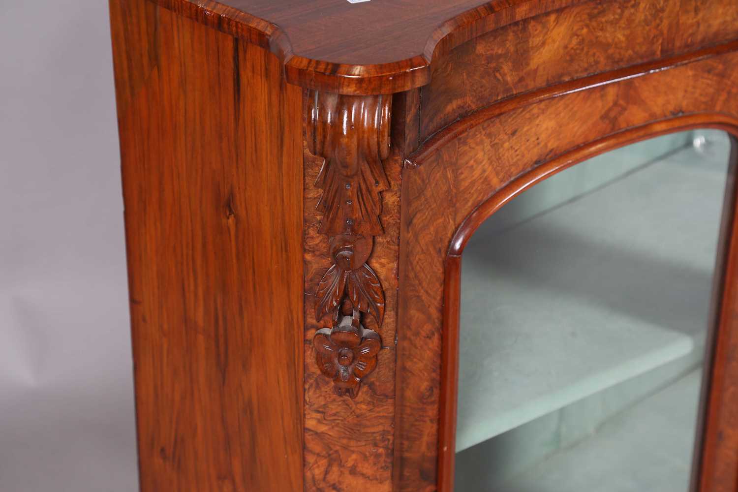 A mid-Victorian burr walnut serpentine fronted glazed bookcase with projecting corners, height 91cm, - Image 3 of 8