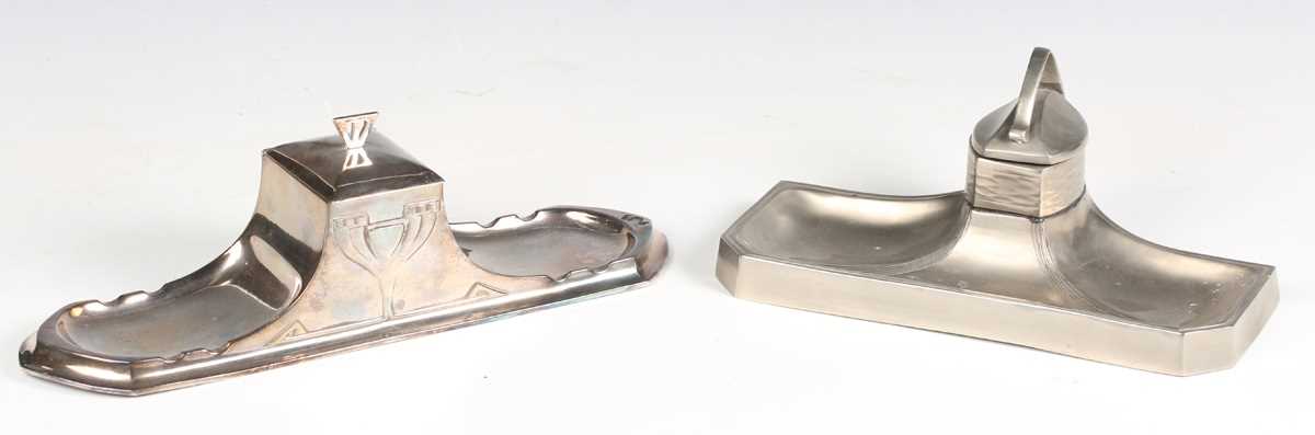 An early 20th century WMF plated inkstand, width 33.5cm, together with another similar inkstand.