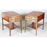 A pair of 20th century mahogany reproduction bowfront lamp or bedside tables, each chequer banded