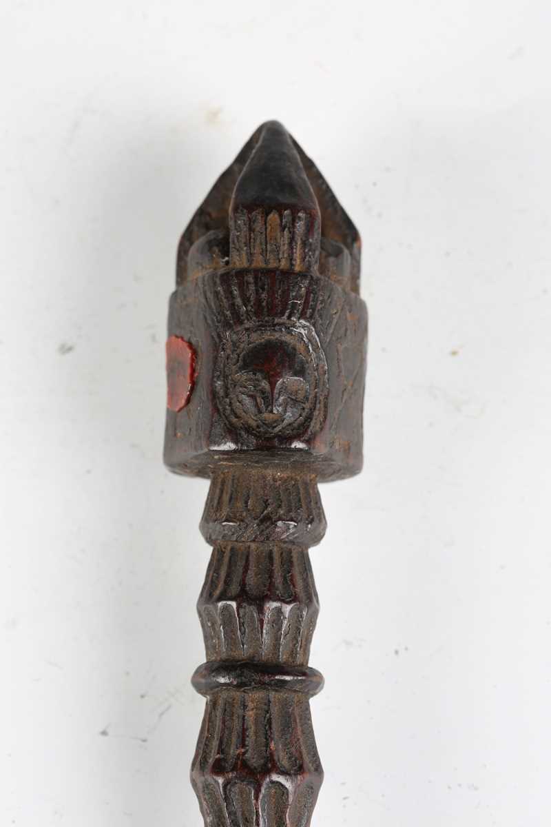 A Tibetan carved wooden ceremonial phurba, probably 19th century, length 23cm. - Image 6 of 9