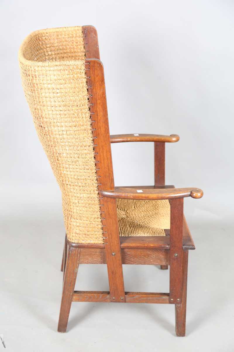 An early 20th century oak framed Orkney armchair, the curved woven straw back and string seat raised - Image 7 of 14