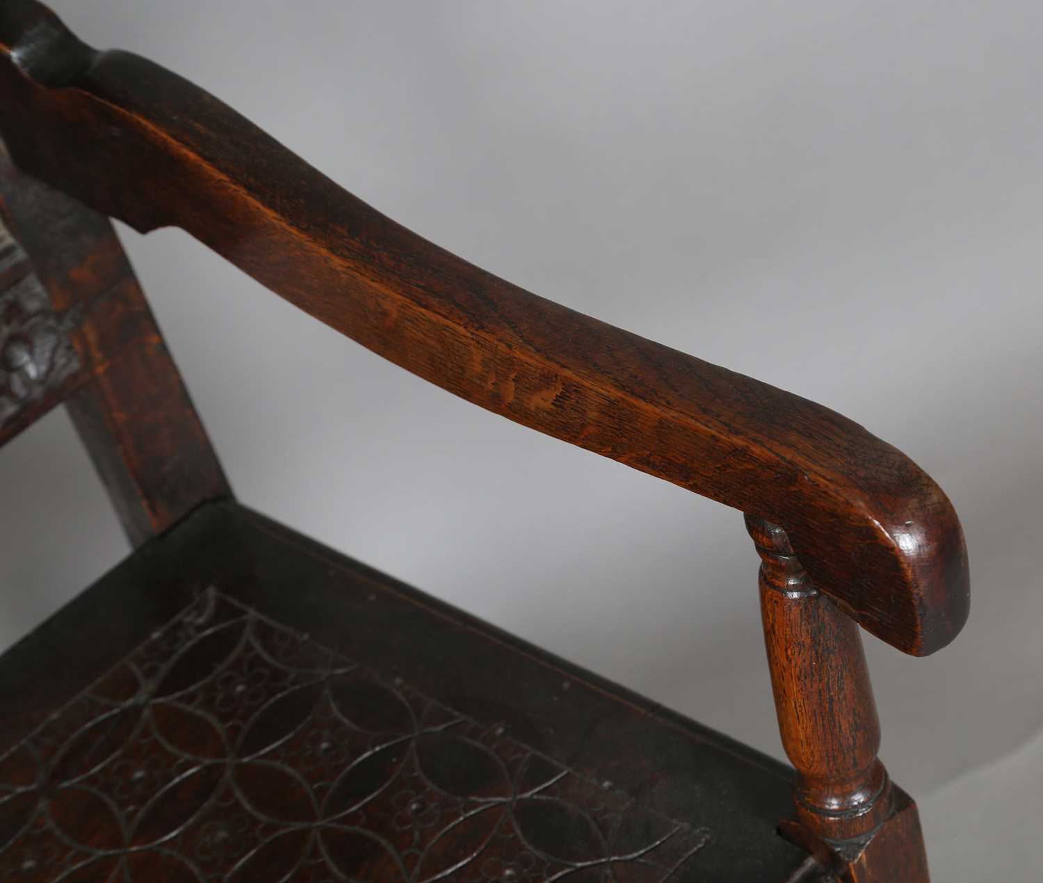 A late 19th/early 20th century Carolean Revival oak Wainscot armchair, height 115cm, width 51cm, - Image 5 of 12