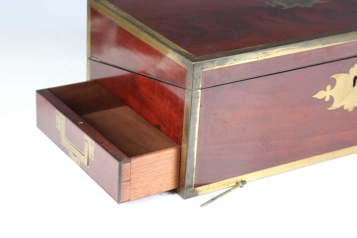 A late George III mahogany and gilt brass bound campaign style writing slope, the sides with brass - Image 12 of 15