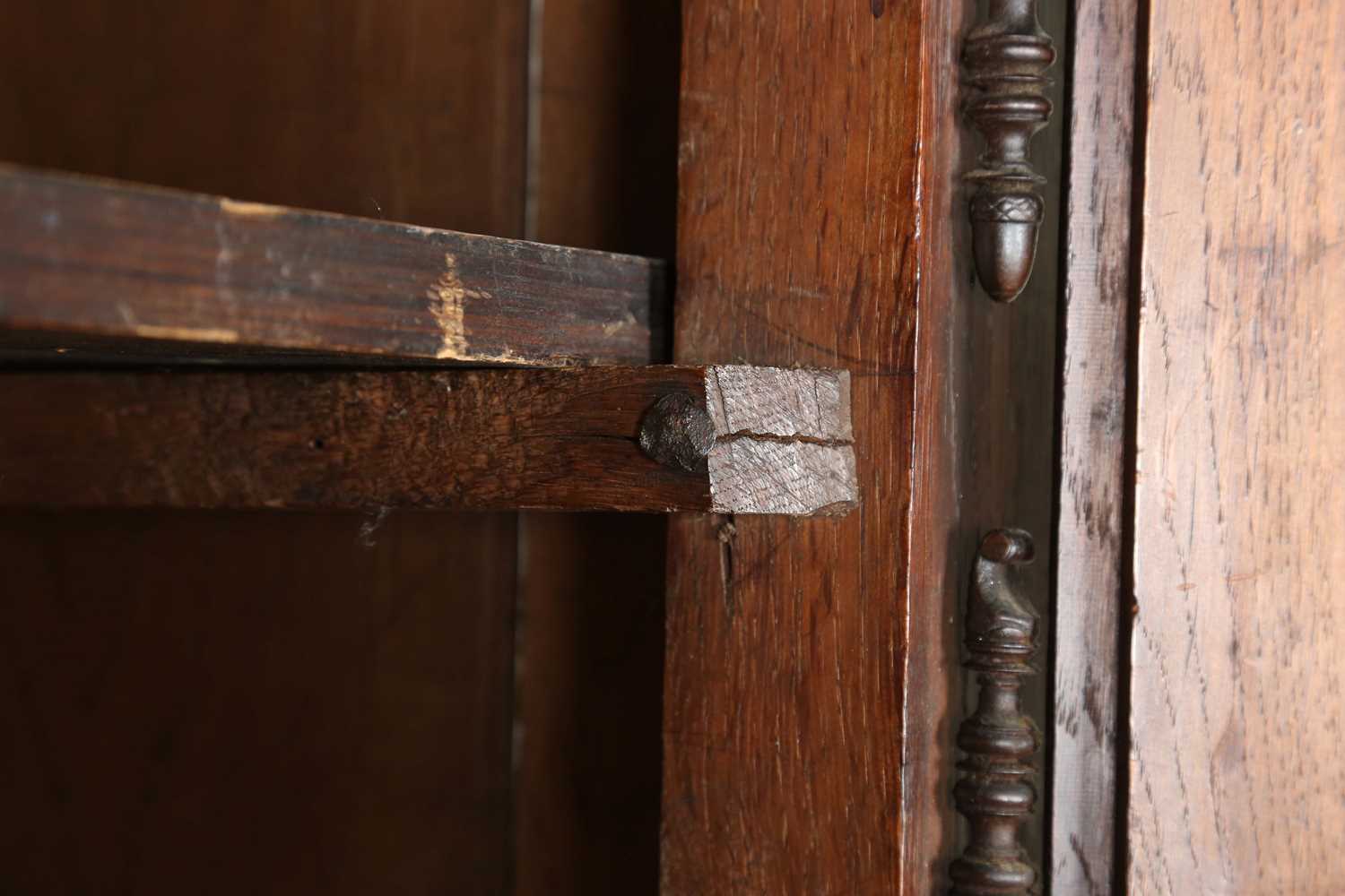 A large 18th century Continental oak cupboard, fitted with four panelled doors and two drawers, - Image 5 of 17