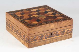 A Victorian Tunbridge ware square box, the hinged lid with a geometric cuboid inlaid panel within