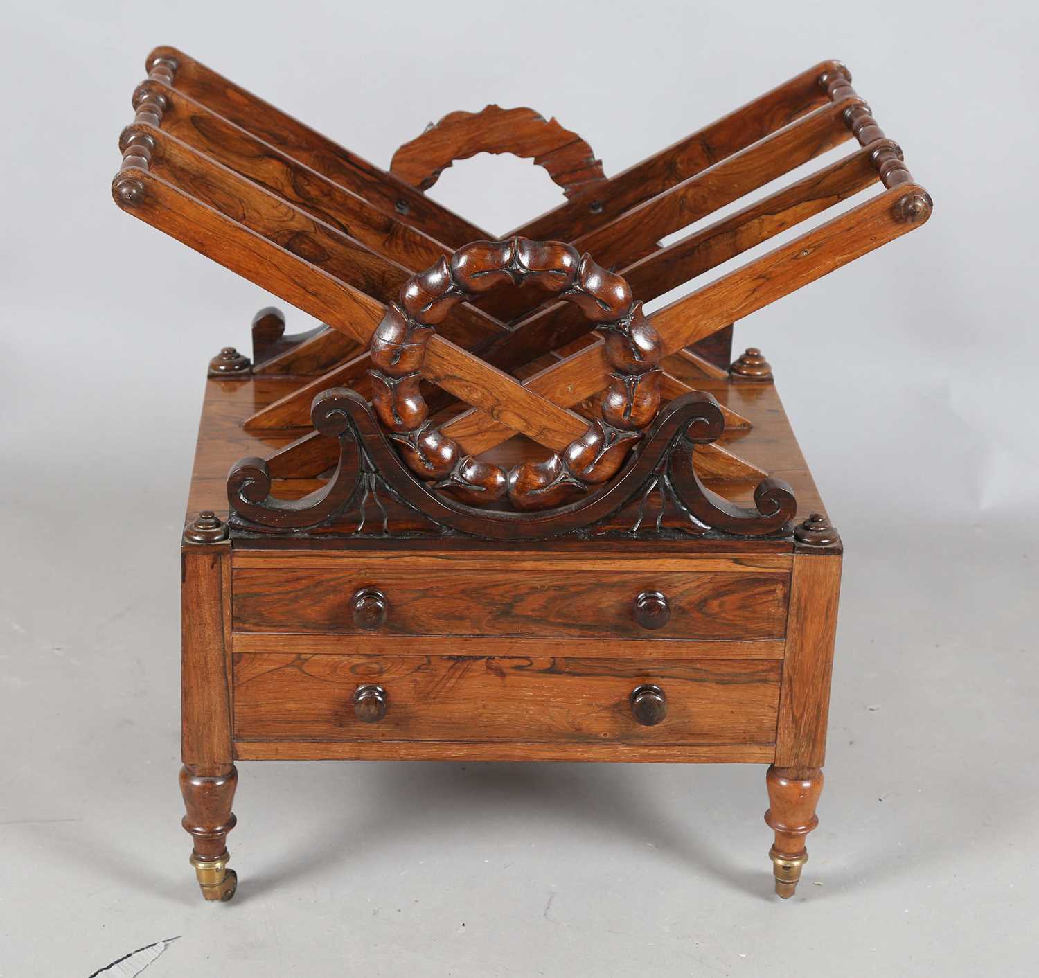 A Regency rosewood three-division Canterbury with bellflower wreath mounts above two drawers - Image 8 of 9