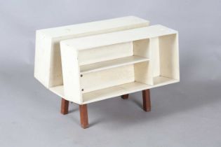 An Isokon ‘Penguin Donkey’ bookshelf, designed by Ernest Race, the twin compartment body raised on