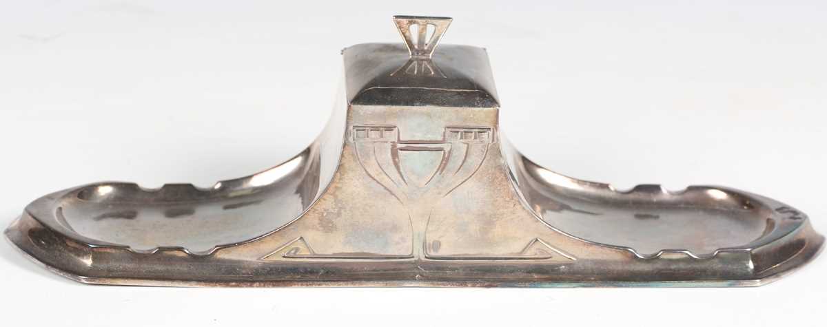 An early 20th century WMF plated inkstand, width 33.5cm, together with another similar inkstand. - Image 6 of 11