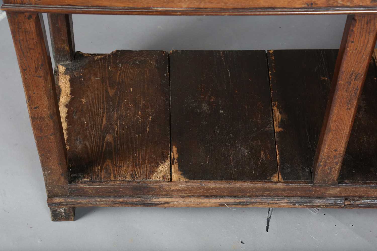 A George III provincial mahogany dresser, the plate rack above three drawers and chamfered - Image 6 of 13