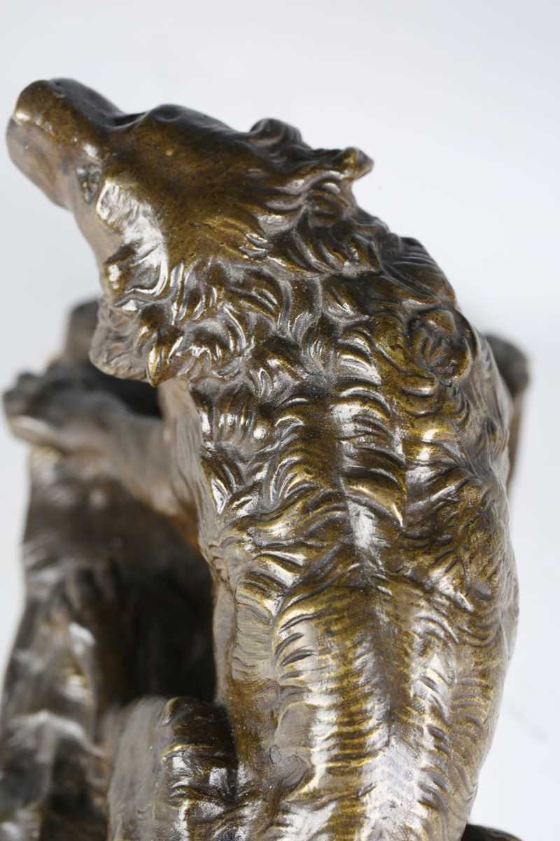 A late 19th century Continental green patinated cast bronze model of a barking dog, raised on a - Image 8 of 16