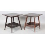 A near pair of Edwardian mahogany square occasional tables, attributed to James Shoolbred, the