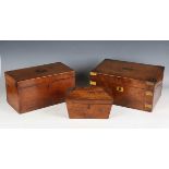 A George III mahogany tea caddy, width 33cm, a Regency rosewood sarcophagus tea caddy, a Victorian