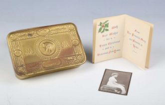 A First World War period Princess Mary Christmas 1914 brass gift tin, containing a near-full pack of