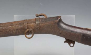 A 19th century Middle Eastern matchlock long rifle with sighted shaped barrel, barrel length 120.