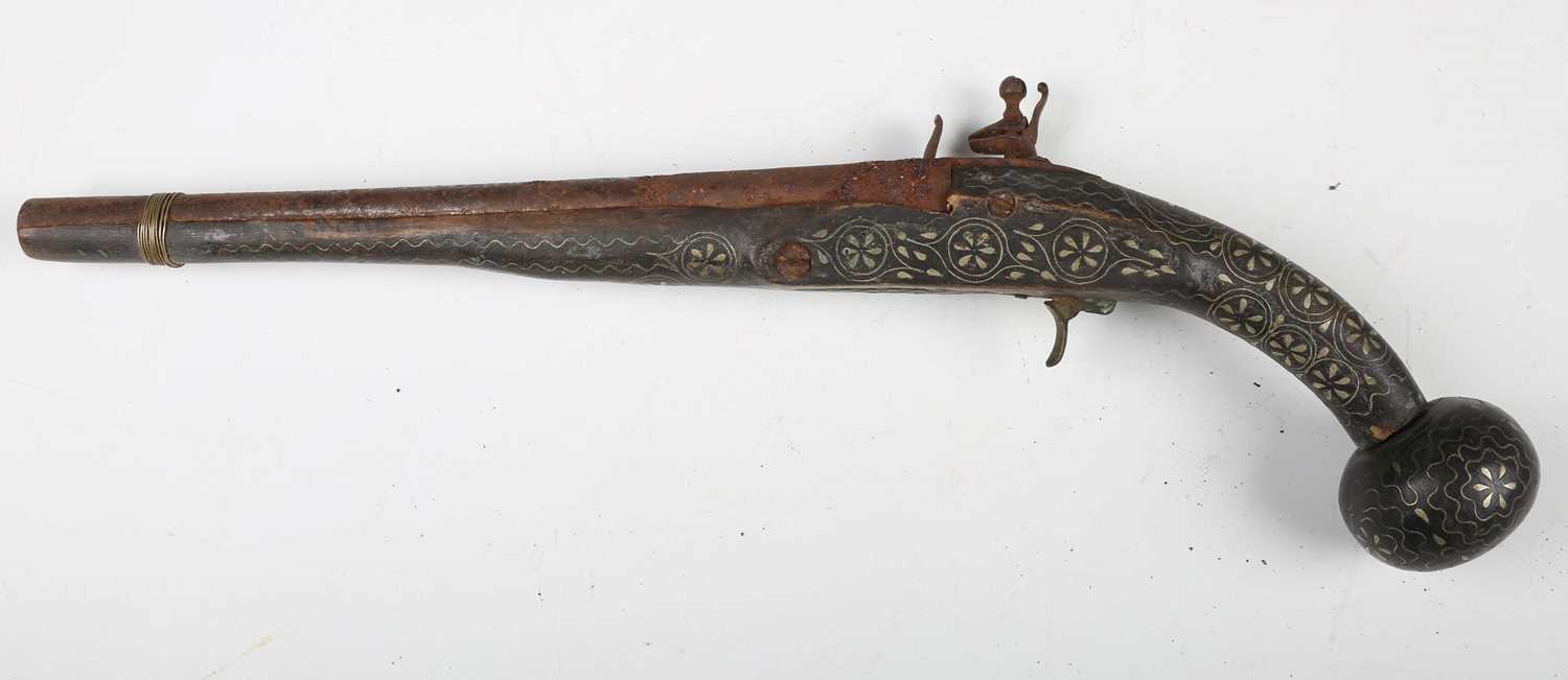 A pair of 18th century and later Middle Eastern flintlock pistols with linear-sighted round barrels, - Image 5 of 20