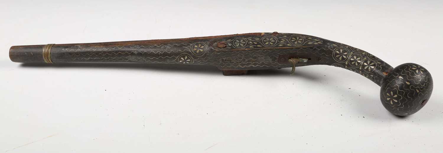 A pair of 18th century and later Middle Eastern flintlock pistols with linear-sighted round barrels, - Image 8 of 20