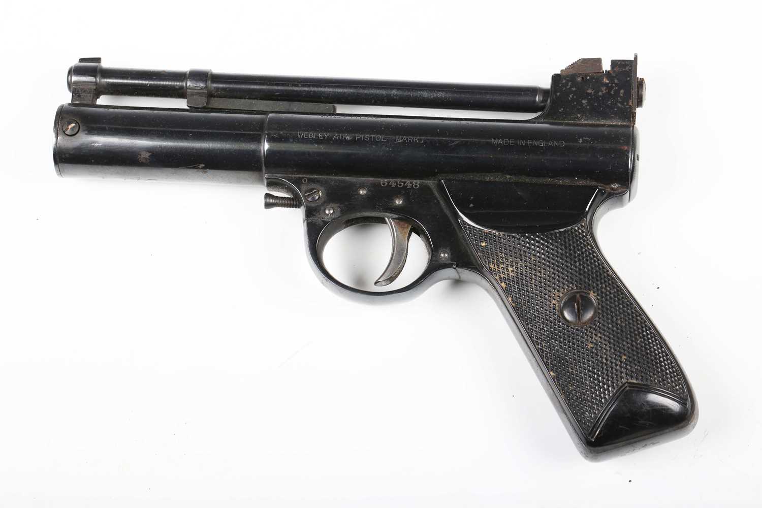 A Webley Mark I .177 air pistol, number '64548', with composite plastic plate grips.