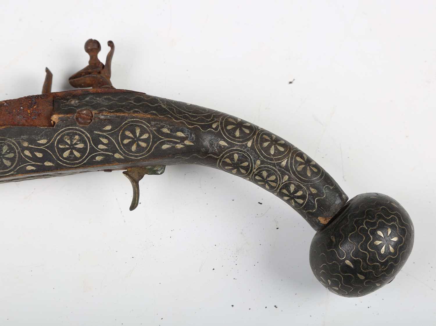A pair of 18th century and later Middle Eastern flintlock pistols with linear-sighted round barrels, - Image 6 of 20