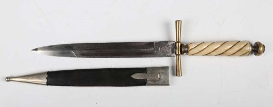 A late 19th century European hunting sidearm with single-edged fullered blade, blade length 21cm,