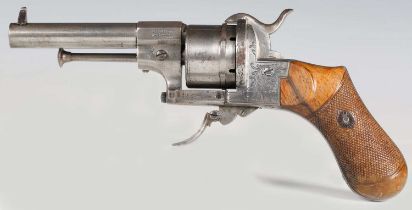 A French 9mm six-shot pinfire revolver by Lefaucheux with sighted barrel, barrel length 10cm,