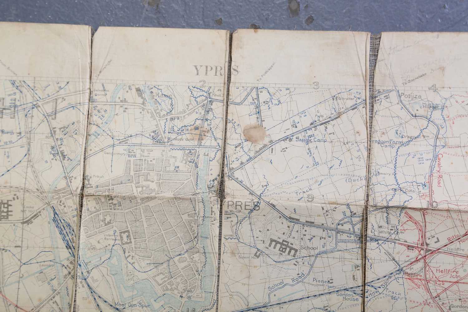A First World War period cloth-backed printed map of Ypres, Edition 3A, 'Trenches corrected from - Image 5 of 8