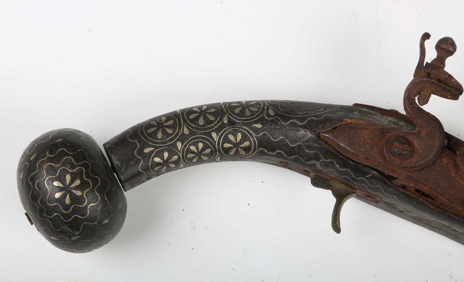 A pair of 18th century and later Middle Eastern flintlock pistols with linear-sighted round barrels, - Image 2 of 20