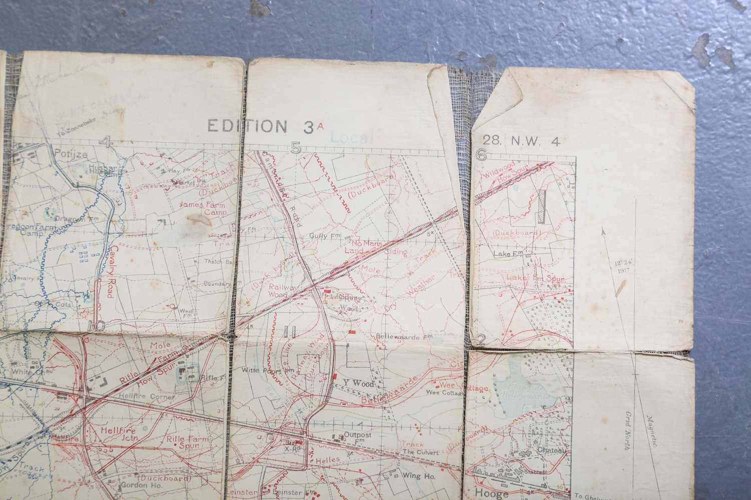 A First World War period cloth-backed printed map of Ypres, Edition 3A, 'Trenches corrected from - Image 6 of 8