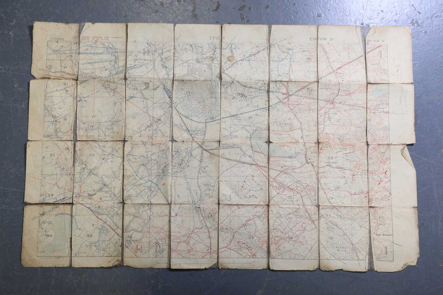 A First World War period cloth-backed printed map of Ypres, Edition 3A, 'Trenches corrected from - Image 4 of 8