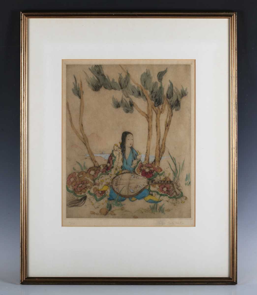 Elyse Ashe Lord – ‘Biwa Player’, early 20th century etching with hand-colouring, signed and - Image 2 of 5