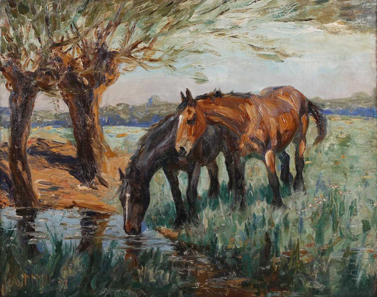 Margaret Neame – Horses watering, early 20th century oil on canvas, signed, 49cm x 62cm, within a