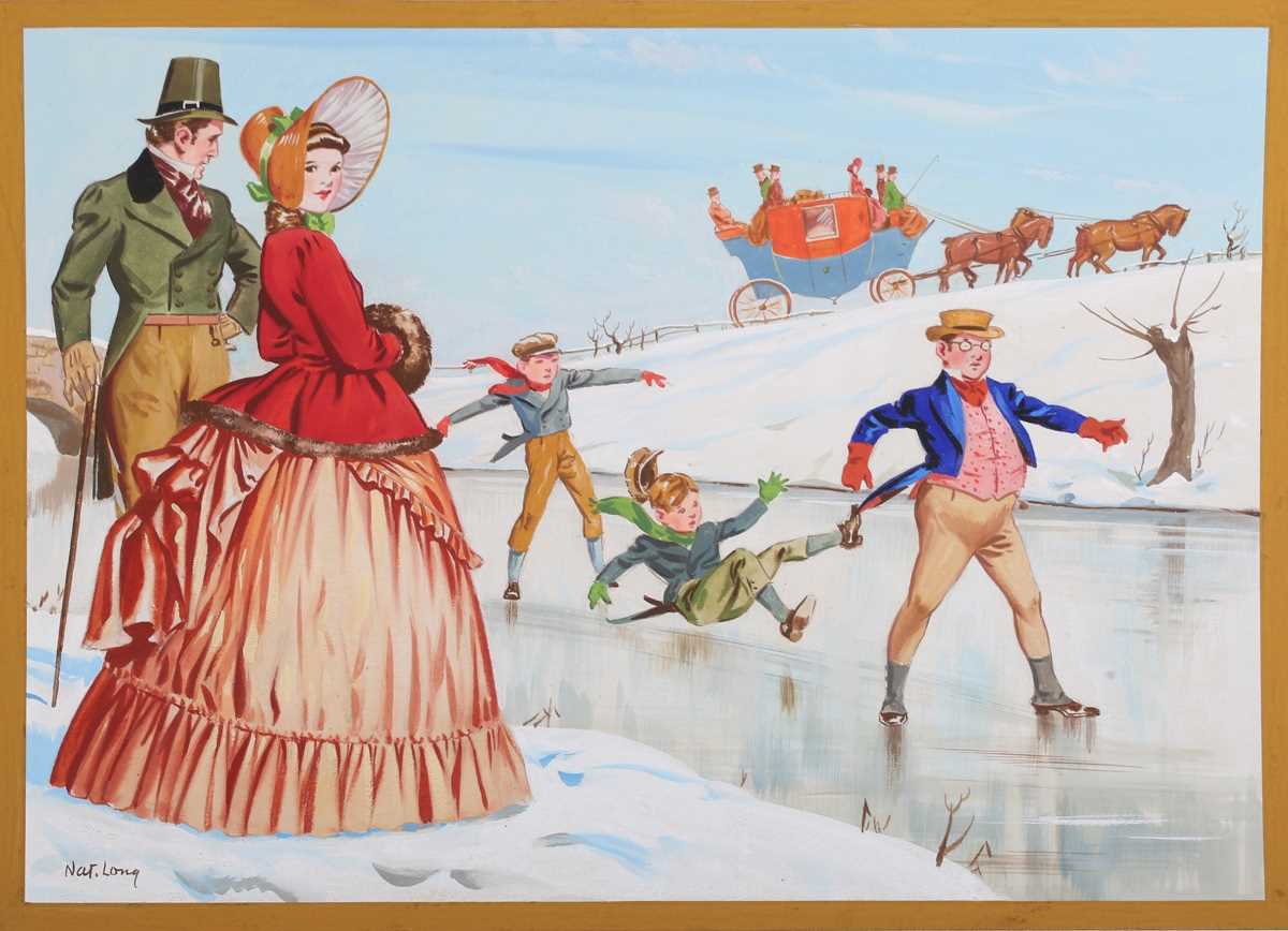 Nat Long [Nathaniel John Long] – Figures Ice Skating, mid-20th century gouache on card, signed, 26.