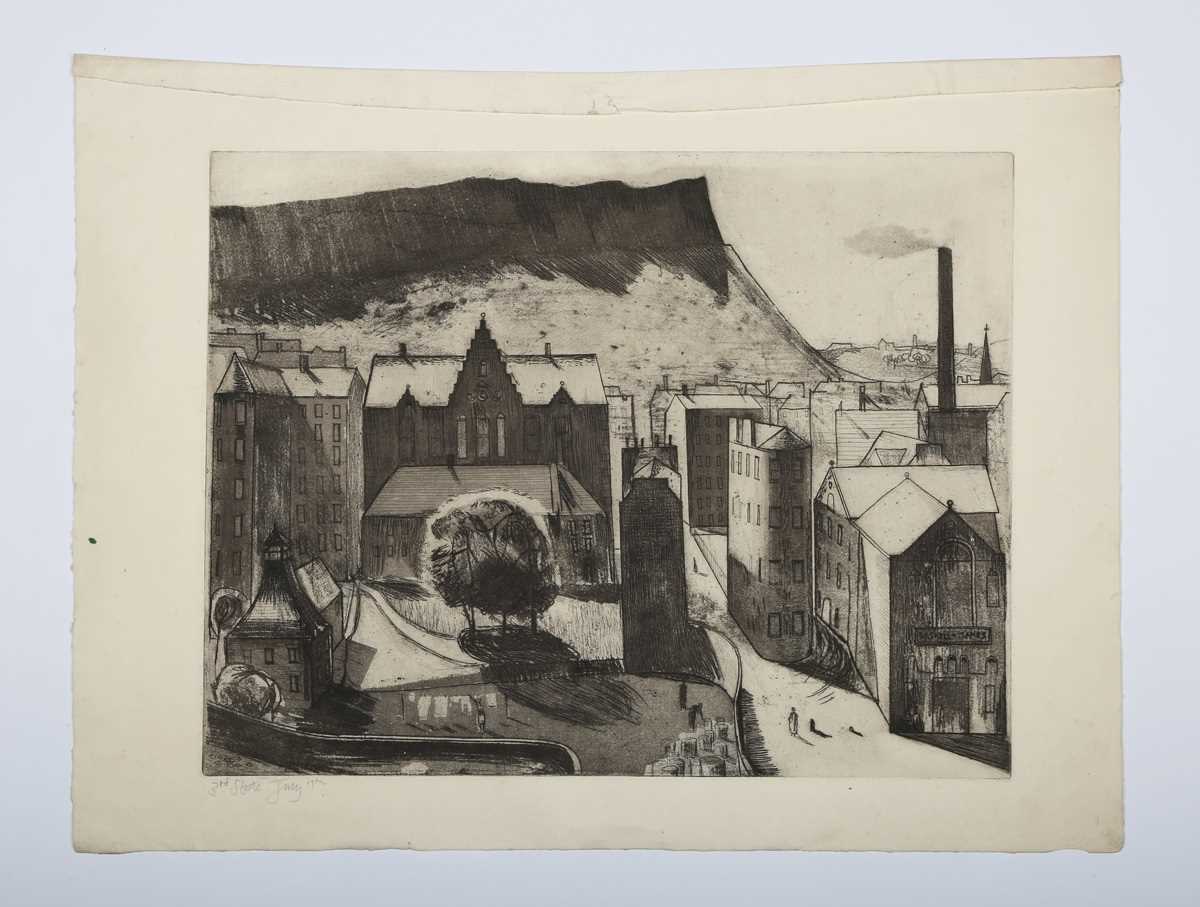 Vernon Gibberd – ‘Edinburgh with Salisbury Crags’, 20th century etching with aquatint, inscribed ‘