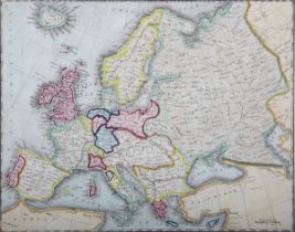 W. Newton – ‘Europe’, manuscript and watercolour map on paper backed onto card, signed and dated