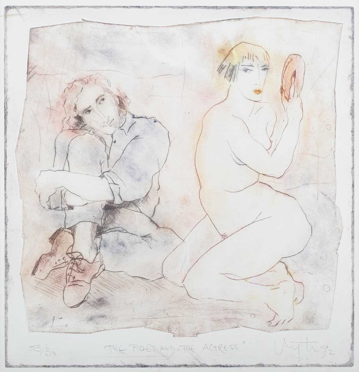 Inge Clayton – ‘The Poet and the Actress’, 20th century mixed method etching, signed, dated ’92,