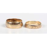 A 22ct gold decorated wedding ring, partial marks, weight 3.8g, ring size approx P, and a 9ct gold