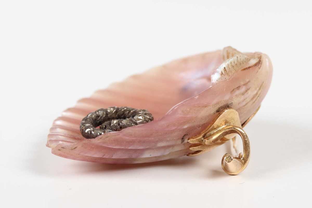 A Victorian shell, diamond and pearl brooch, the shell mounted with a rose cut diamond set snake - Image 2 of 6