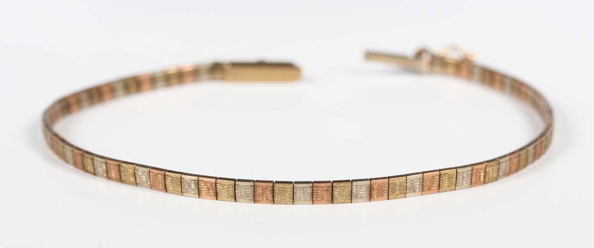 A three colour gold textured link bracelet on a snap clasp, detailed ‘9K Italy’, length 18cm, a - Image 2 of 2
