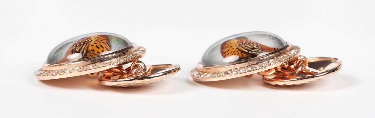 A pair of rose gold, crystal and diamond circular cufflinks, each front mounted with a reverse - Image 3 of 3