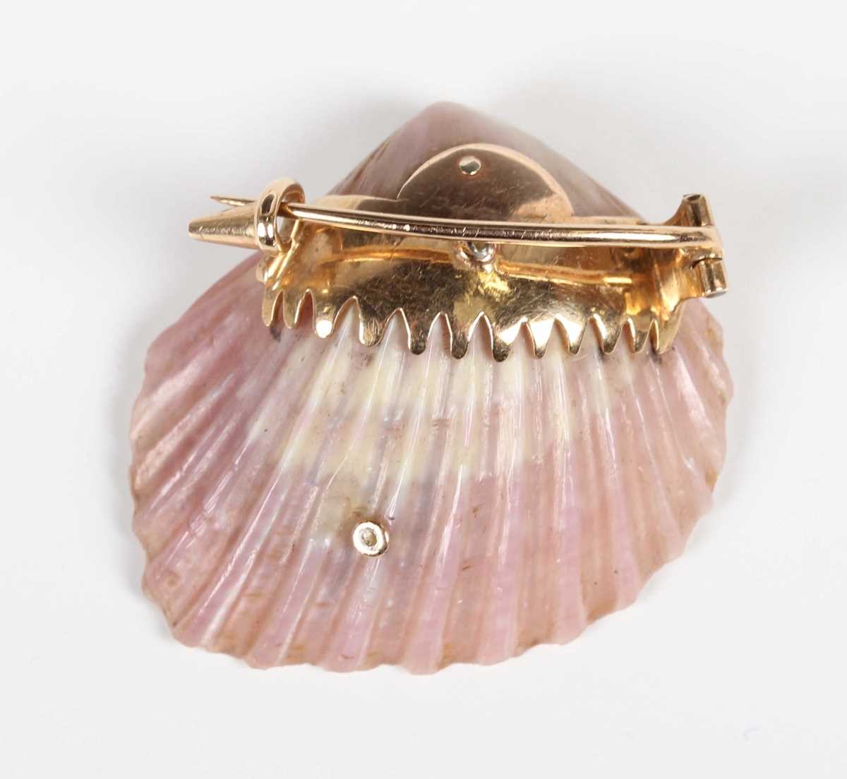 A Victorian shell, diamond and pearl brooch, the shell mounted with a rose cut diamond set snake - Image 5 of 6