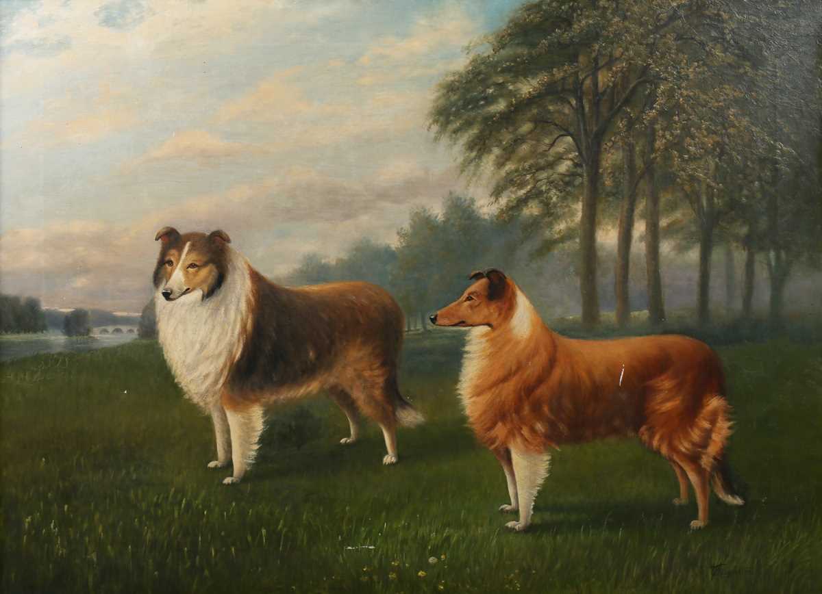 F. Oughton, British School – Two Rough Collie Dogs within a Landscape, early 20th century oil on