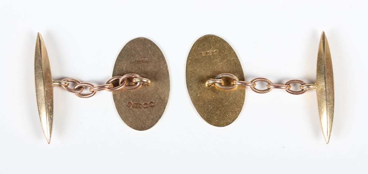 A pair of 9ct gold cufflinks, each oval front with engine turned decoration, Birmingham 1963, weight - Image 2 of 2