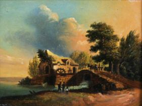 Continental School – Landscape with Bridge, Watermill and Figures, 19th century oil on metal, 7.