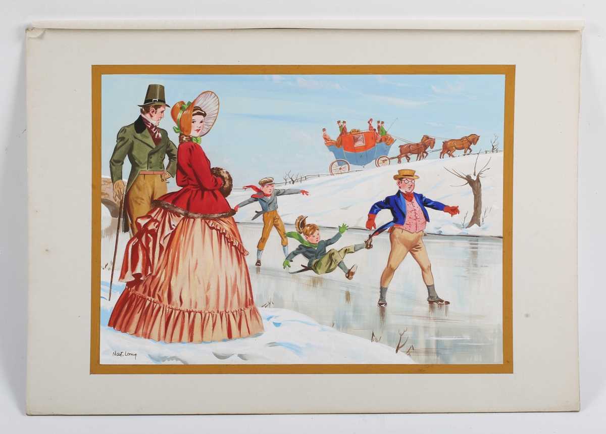 Nat Long [Nathaniel John Long] – Figures Ice Skating, mid-20th century gouache on card, signed, 26. - Image 2 of 11